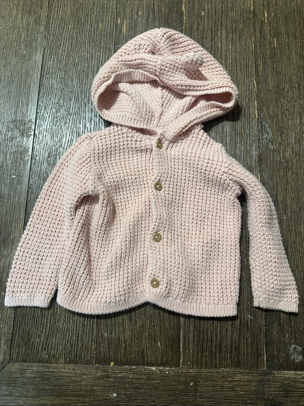 Baby Girl Pink Knit Hooded Cardigan Sweater 6M | Cozy Button Front w/ Bear Ears